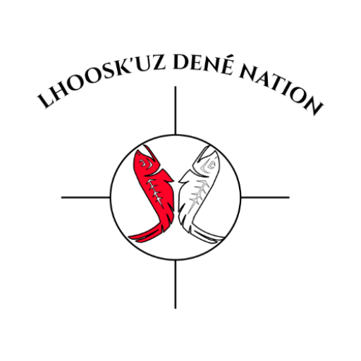 The words Lhoosk'uz Dene Nation above a circle with a two fish in red and white.